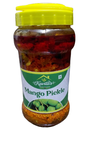Tall glass jar of homemade Mango Pickle in red chilli oil